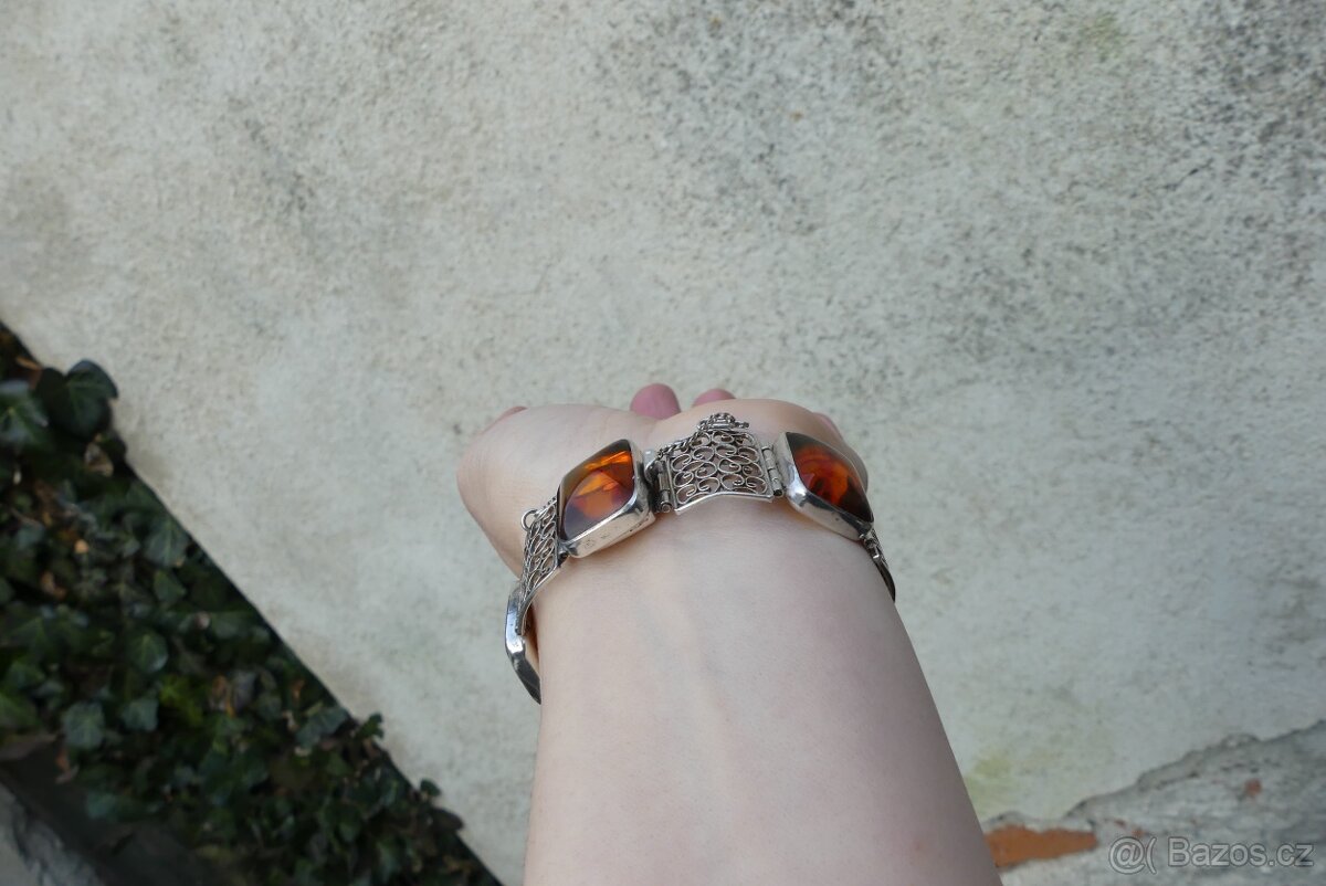 Luxusní stříbrný Art Deco náramek jantar, filigrán - 5