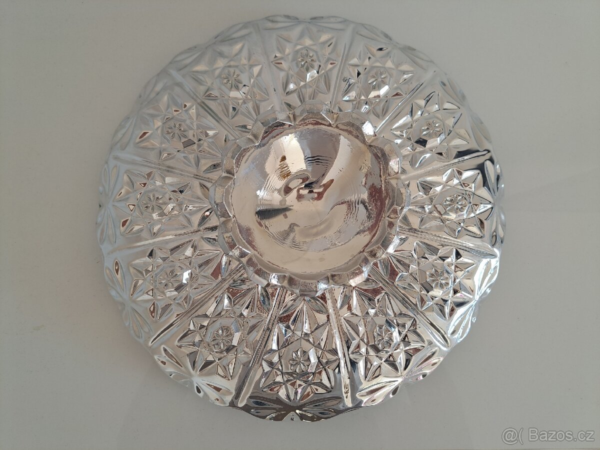 Skleněná, stříbrná retro mísa na nožce – lisované sklo - 5