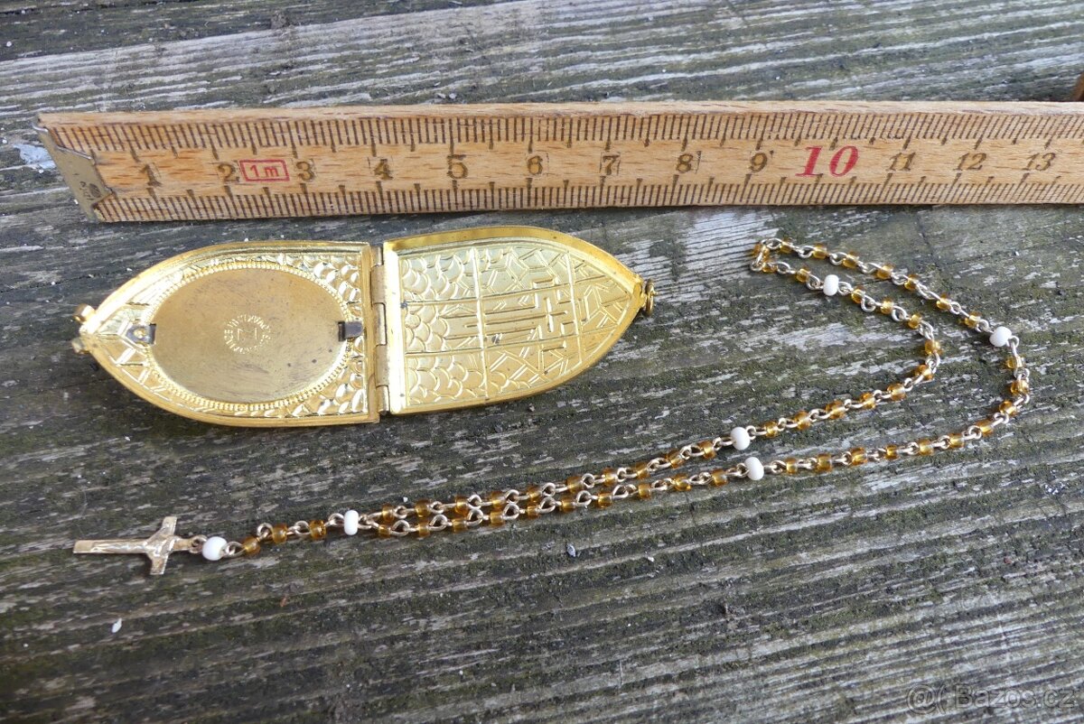 Starožitné škapulíře, sklo a kov, růženec - 5