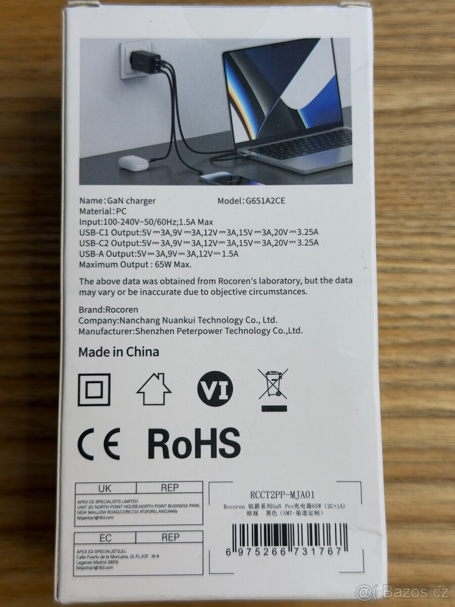 Rocoren 65W GaN adaptér 1x USB-A + 2x USB-C nabíječka NOVÁ - 5