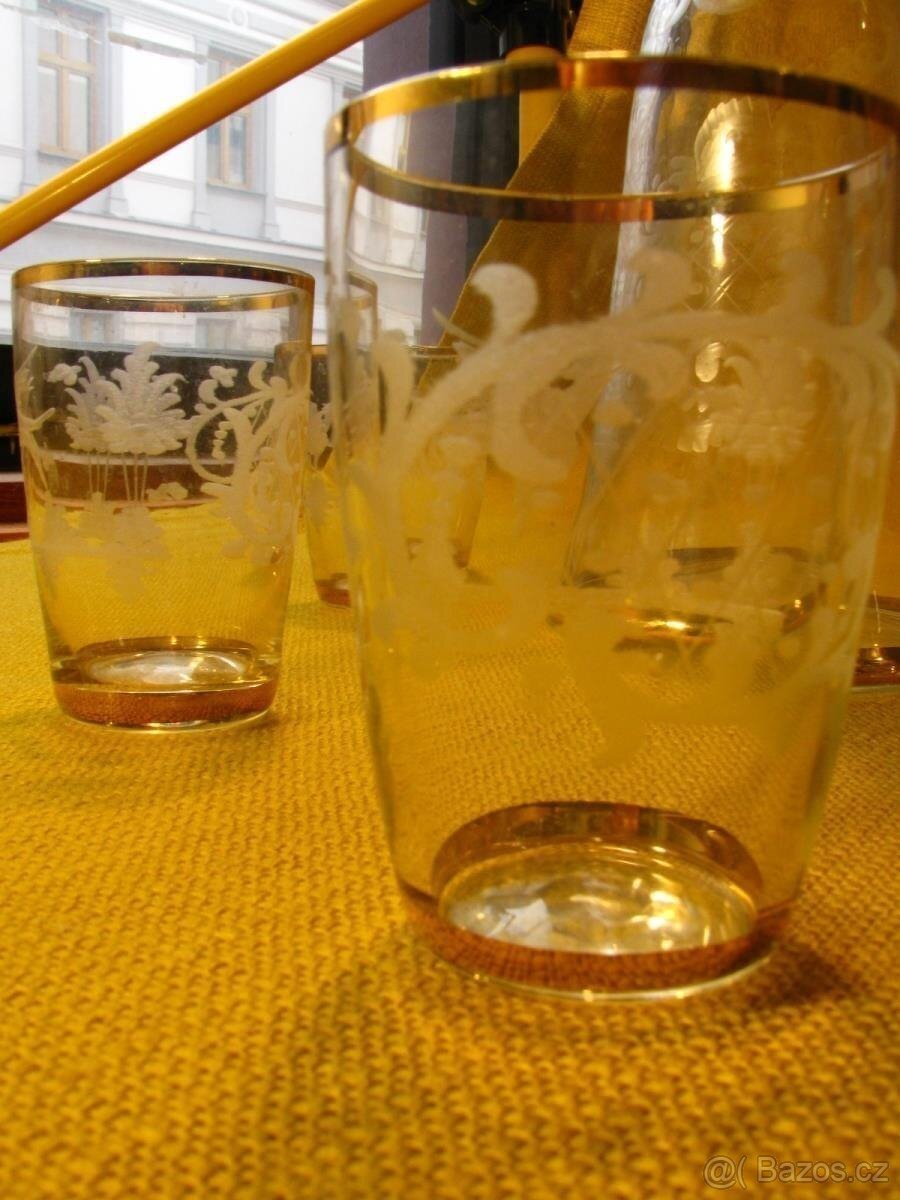 Starožitná zlacená Karafa + 6 skleniček, panáku - 5