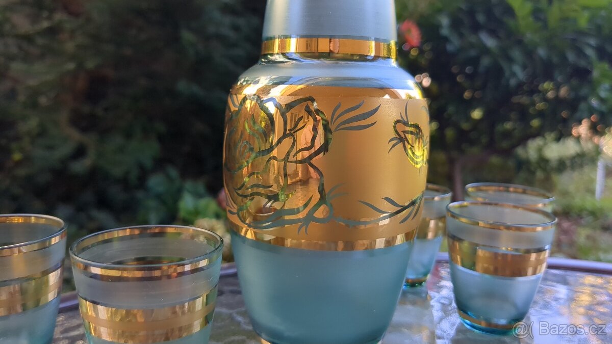 Likérová souprava - modro-zelené sklo se zlacením - 5