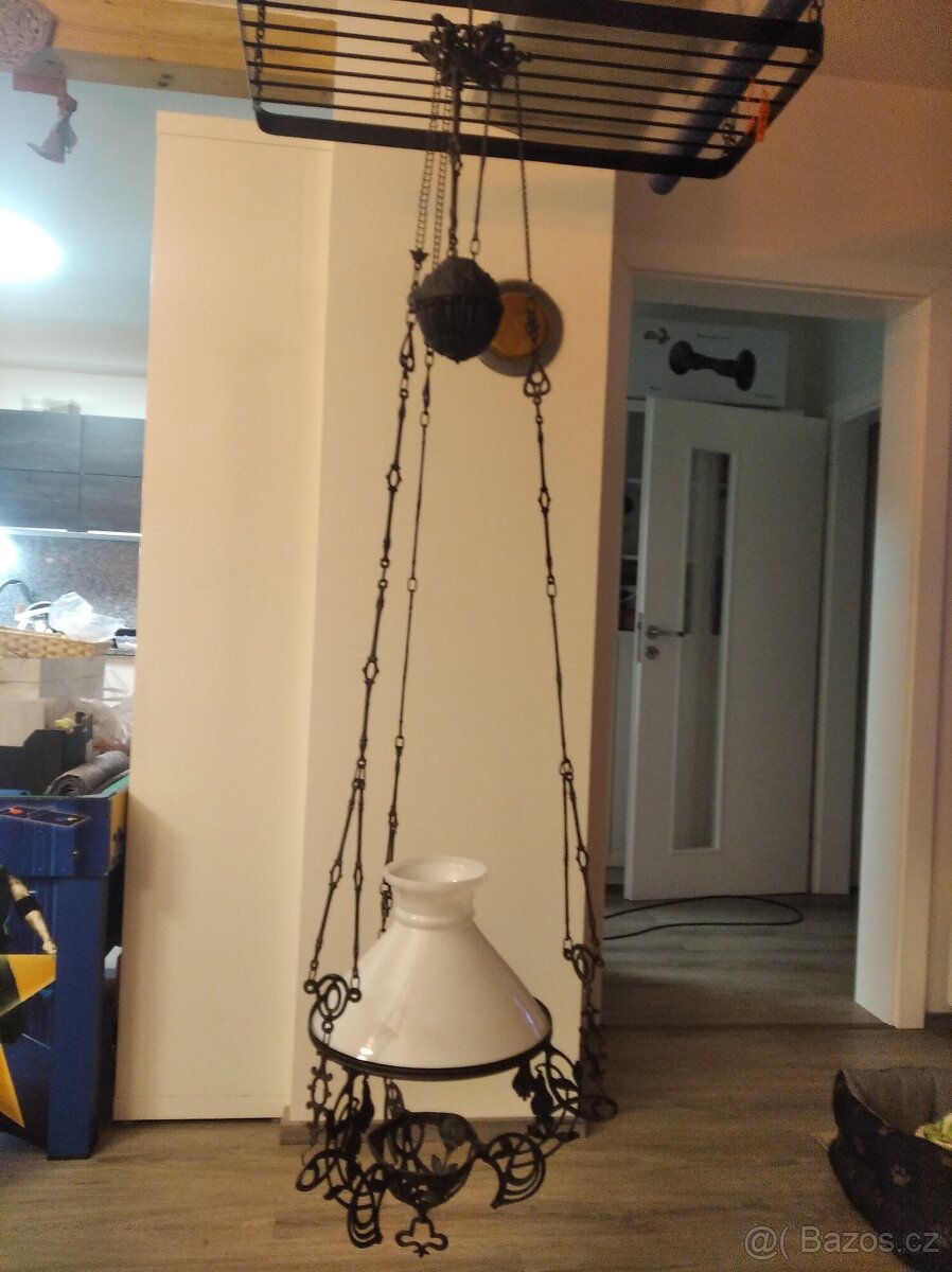 Starožitný lustr na kahan, lampu, petrolejku - 5