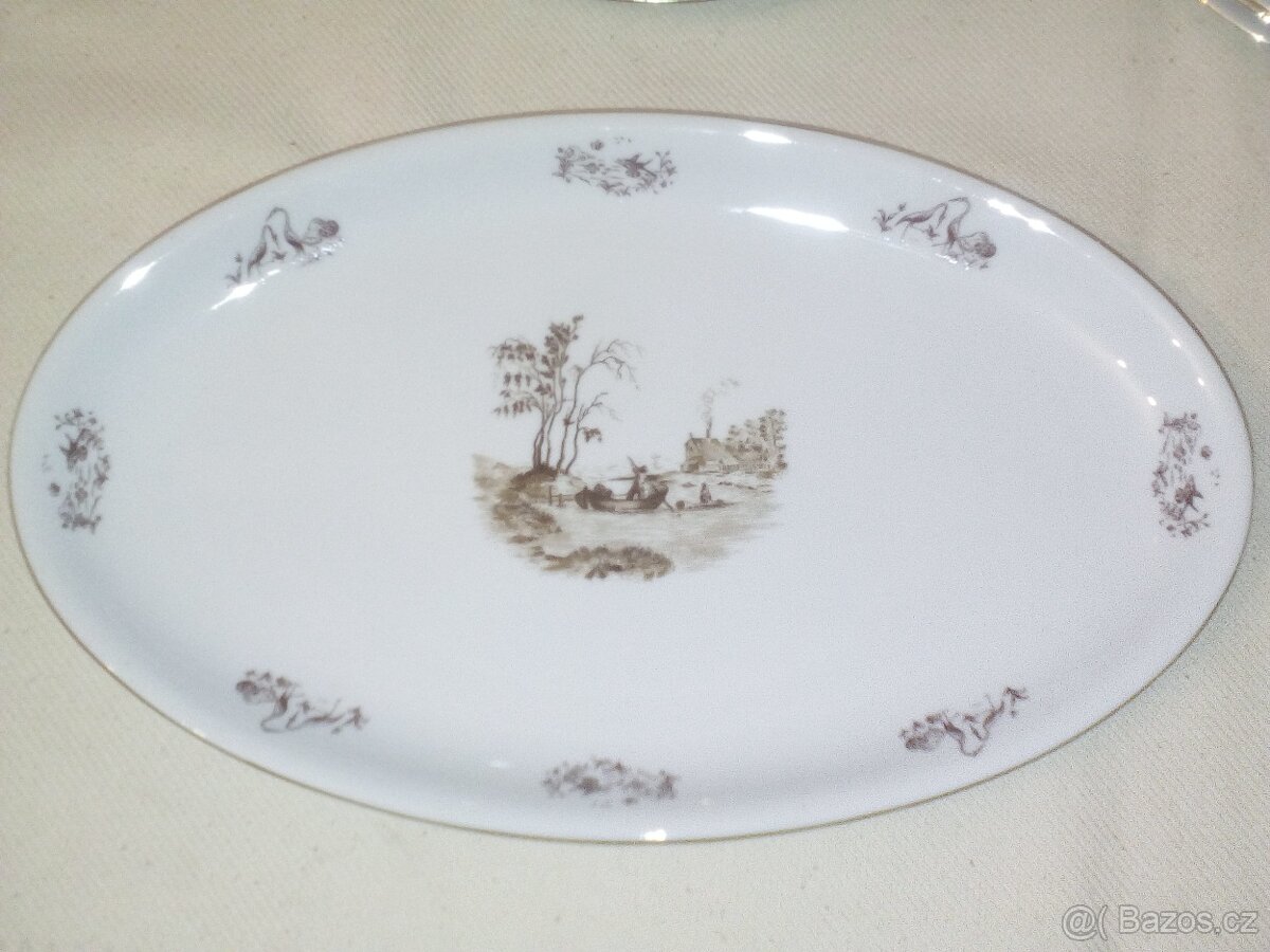 jídelní sada talířů, vzor- zátiší u kostelíku, zlacený okraj - 5