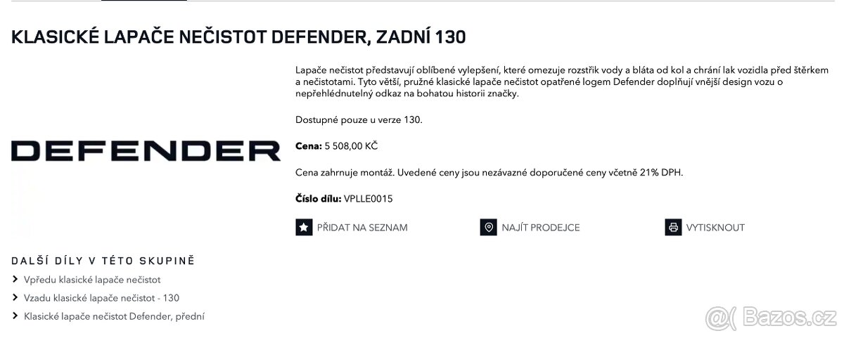 Prachovky na Land Rover Defender (originální díly - nové)