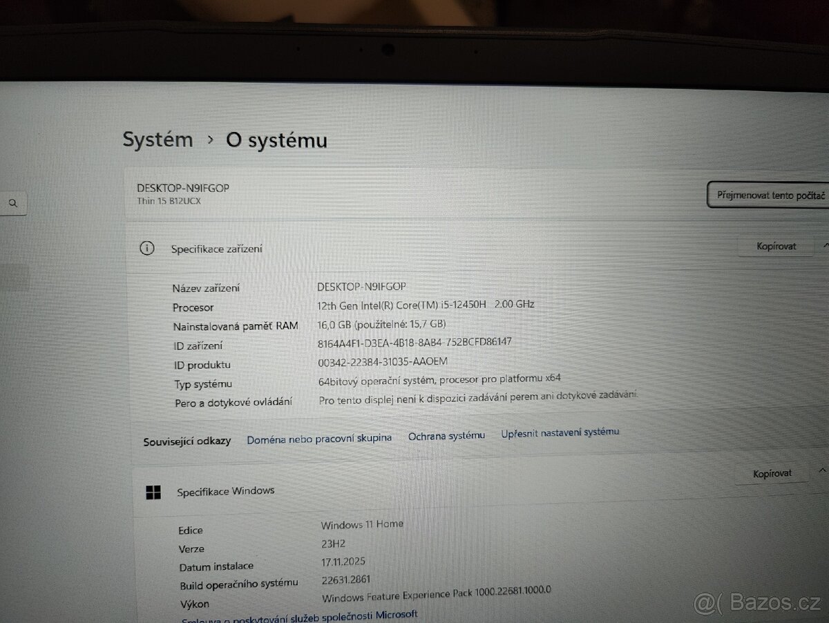 Herní notebook msi thin, i5, RTX 2050, 16 rám, 512 ssd - 5
