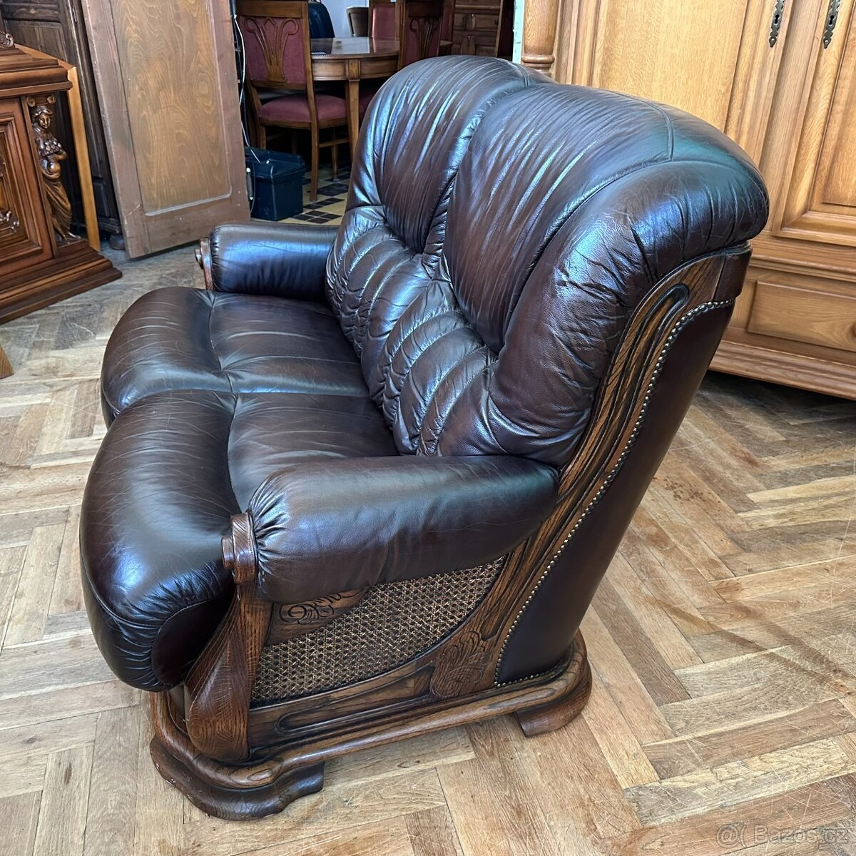 Sedací souprava 2+1 pravá kůže + dub masiv + ratan - 5