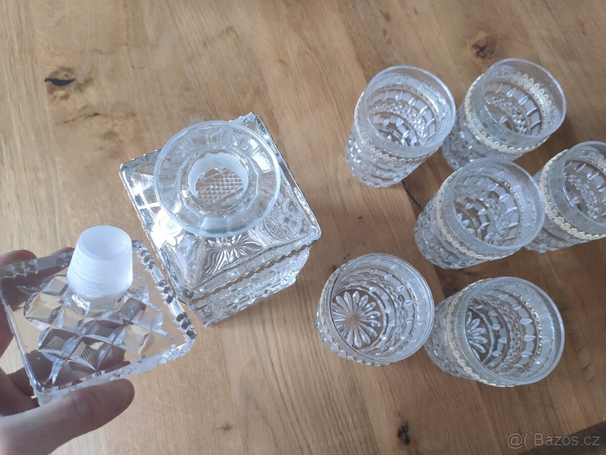 Starožitná broušená sada na whisky karafa, sklenice - 5