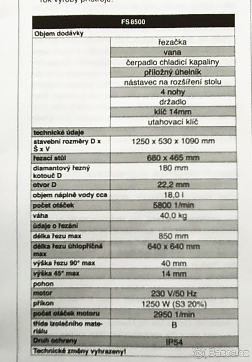 Prodám řezačku obkladů a dlažby SCHEPPACH FS8500 - 5