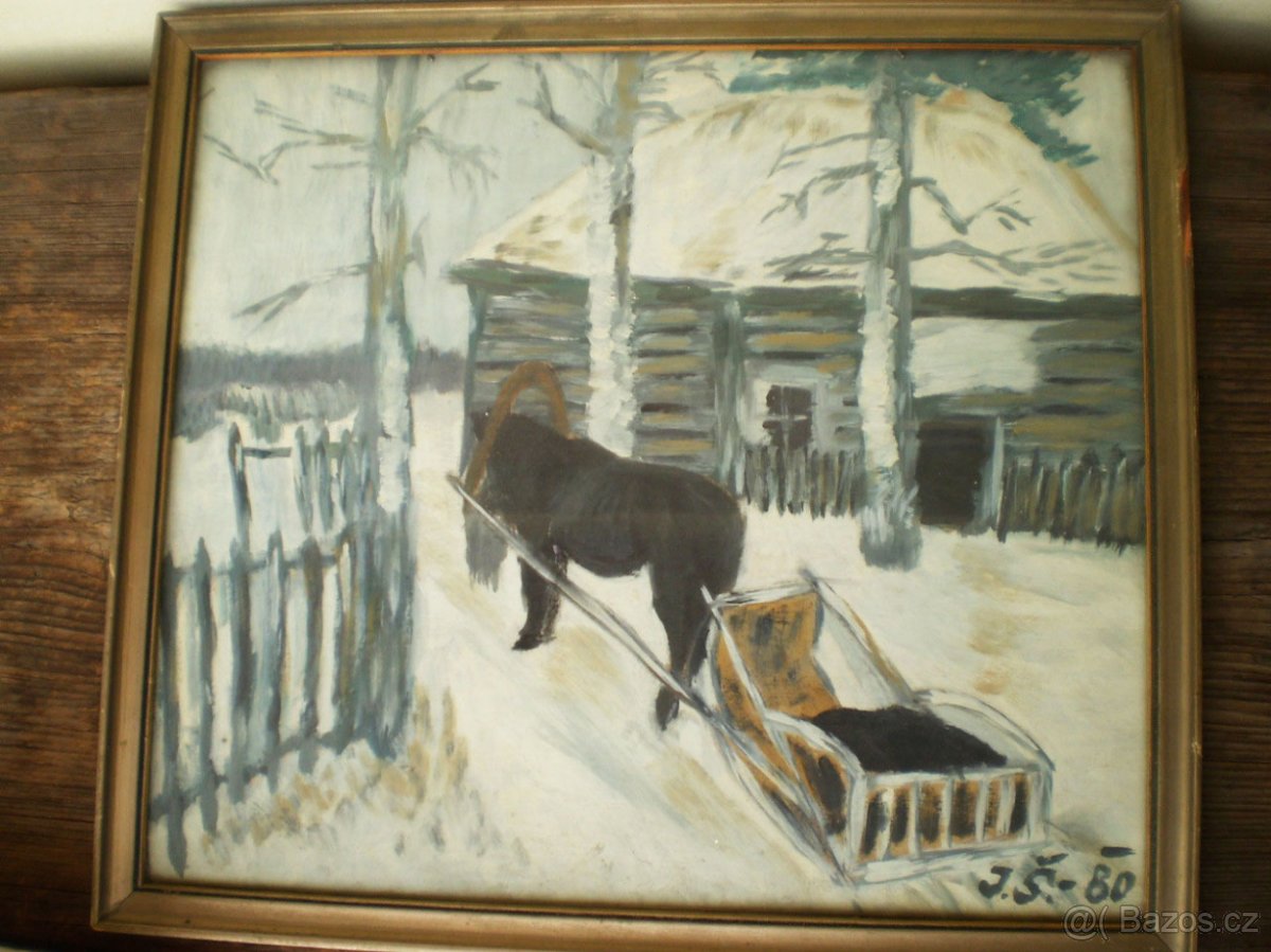 Starý obraz - zimní výjev "Kůň se saněmi" - 5