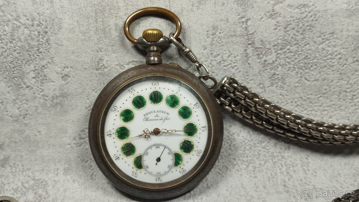 Velké dvouplášťové kapesní hodinky Régulatéur s retezem - 5