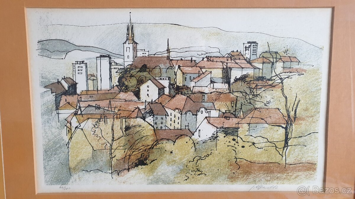 Obraz neznámé české město, tuš a pastel - 5