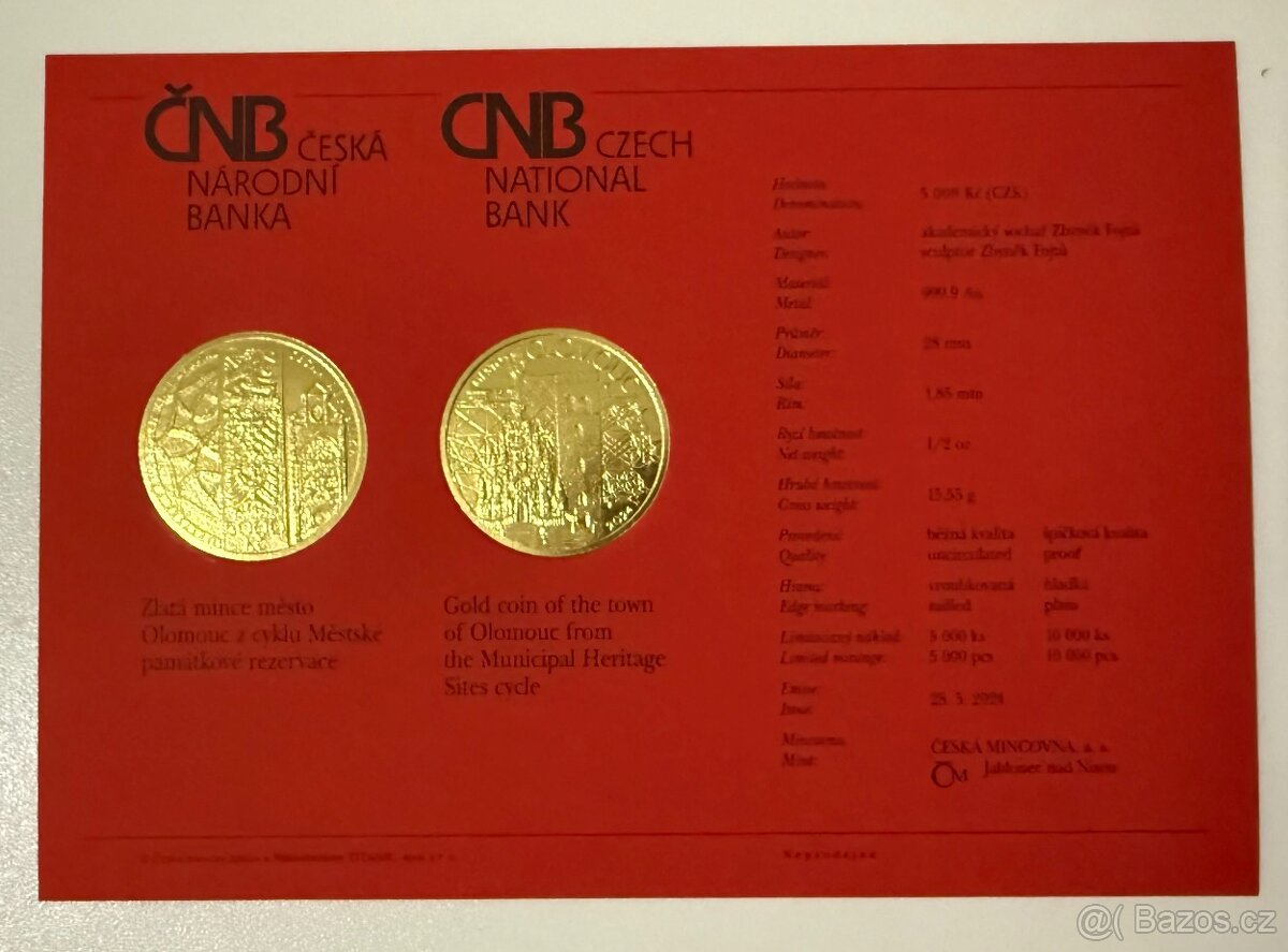 🥇 Zlatá mince ČNB 5000 Kč Město Olomouc B.K. - 5