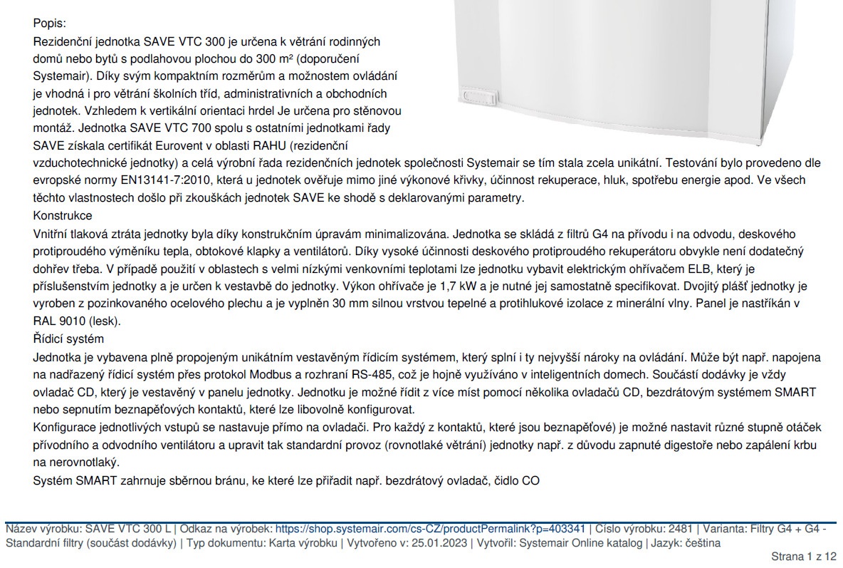 rekuperační jednotka Systemair VTC 300, EC motory, NOVÁ - 5