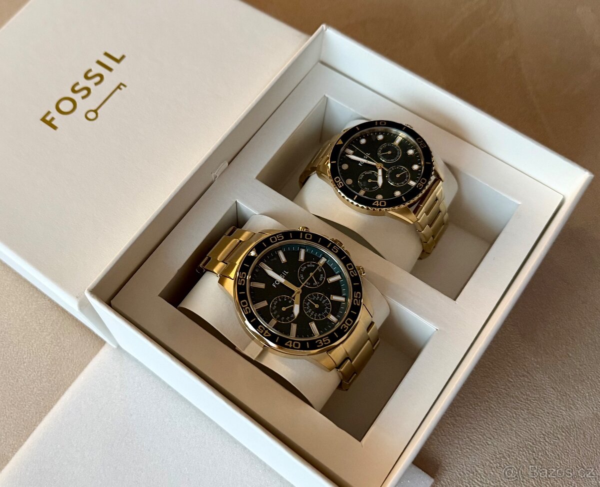 FOSSIL Bannon Chronograf Zlaté,zelený ciferník,set MEN/WOMEN - 5