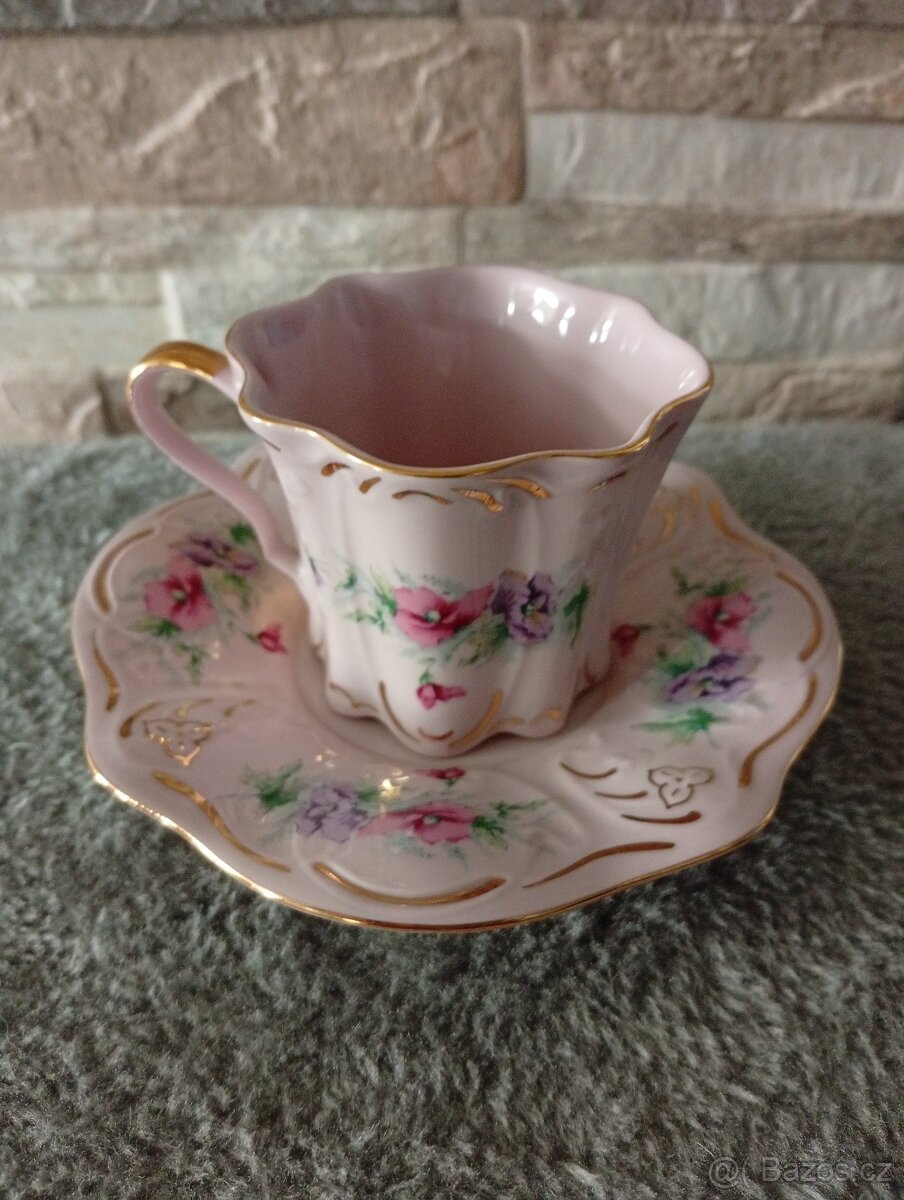 Růžový porcelán, šálek s podšálkem, Chodov - 5