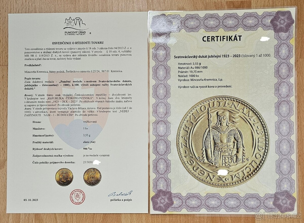 Svatováclavský dukát JUBILEJNÍ, 1923 - 2023, nízke číslo - 5