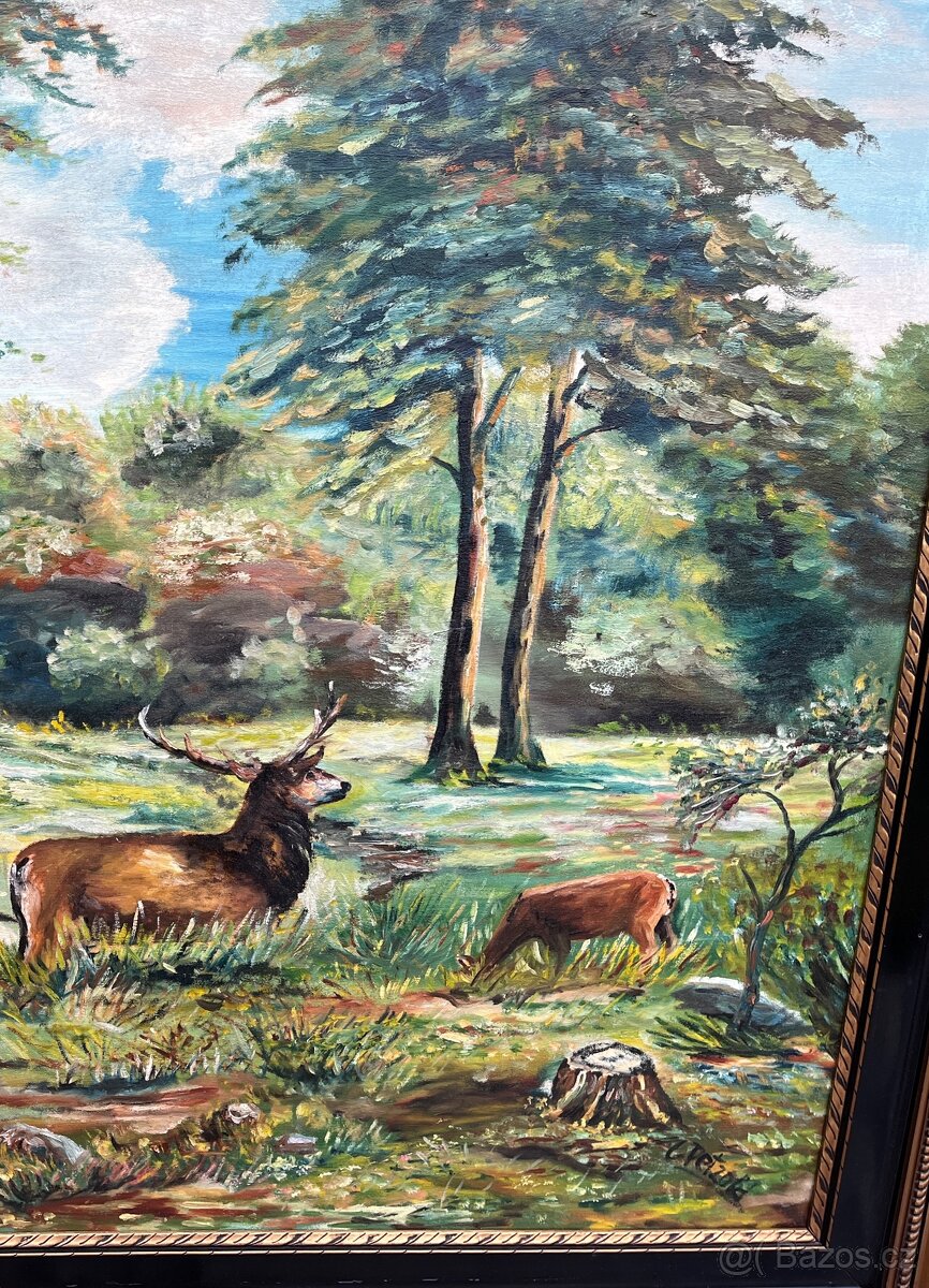 Velká olejomalba na plátně lesní zvěř - AKCE doprava - 5