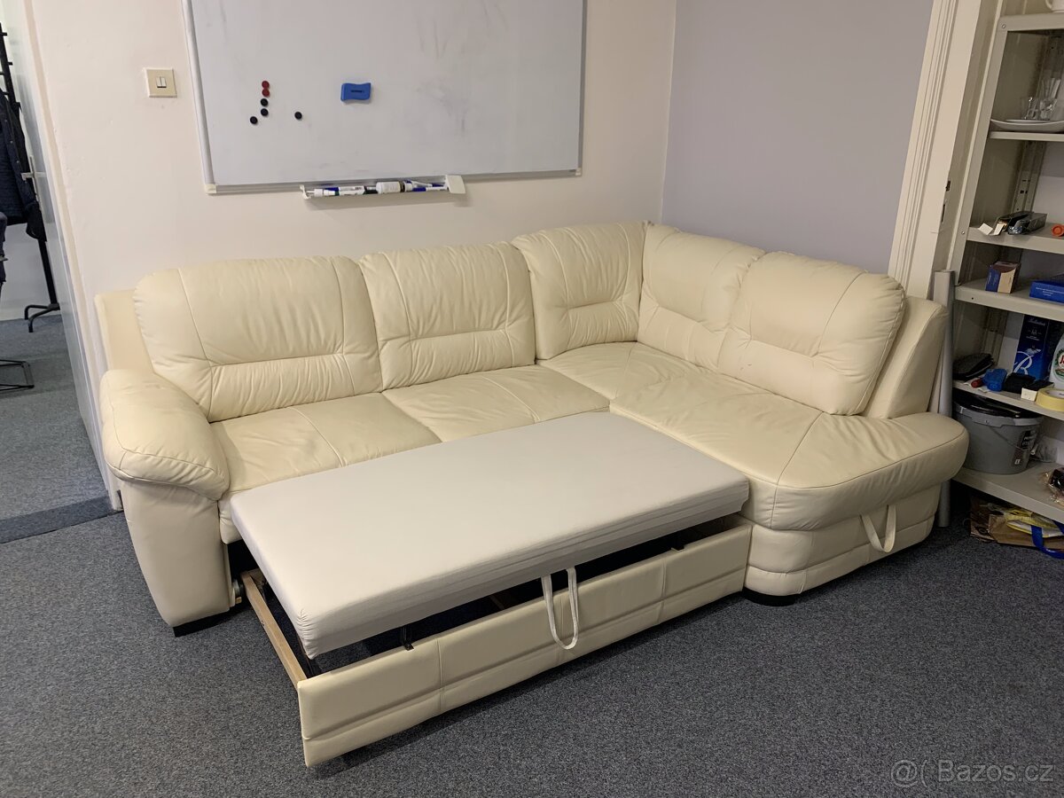 Rozkládací kožená pohovka s taburetem - bílá kůže - 5
