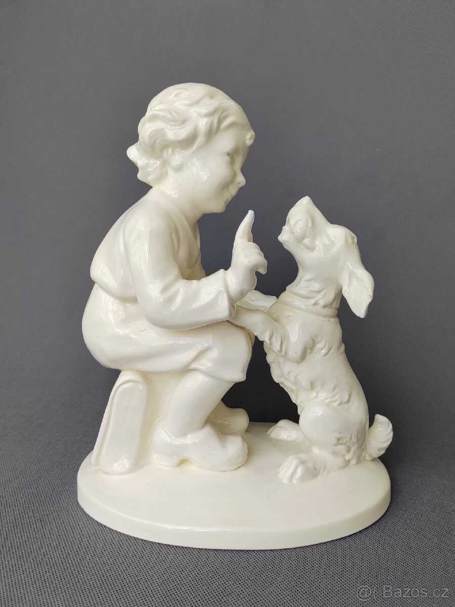 Starožitná soška "Chlapec se psem" Max Roesler (1900-1910) - 5