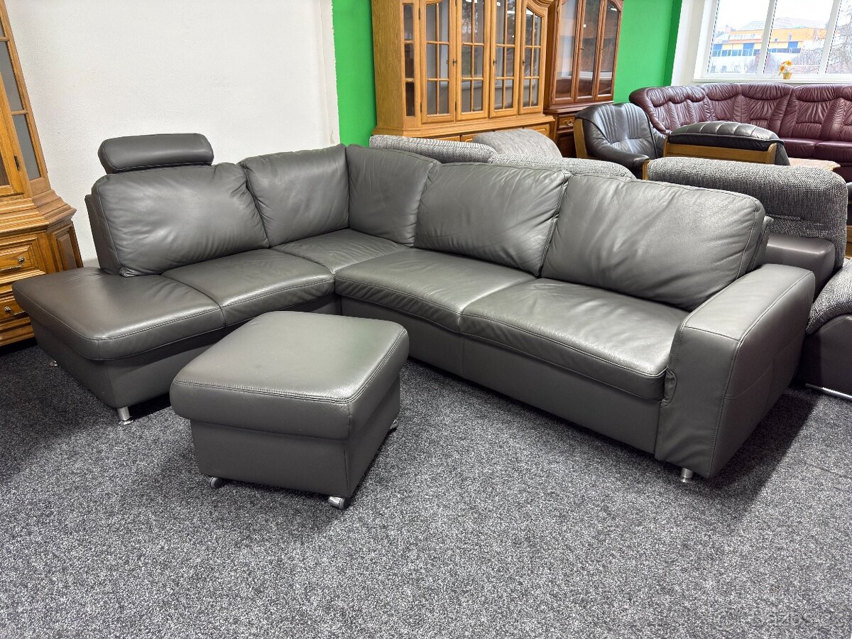 Rohová sedací souprava s taburetem, kožená - 5