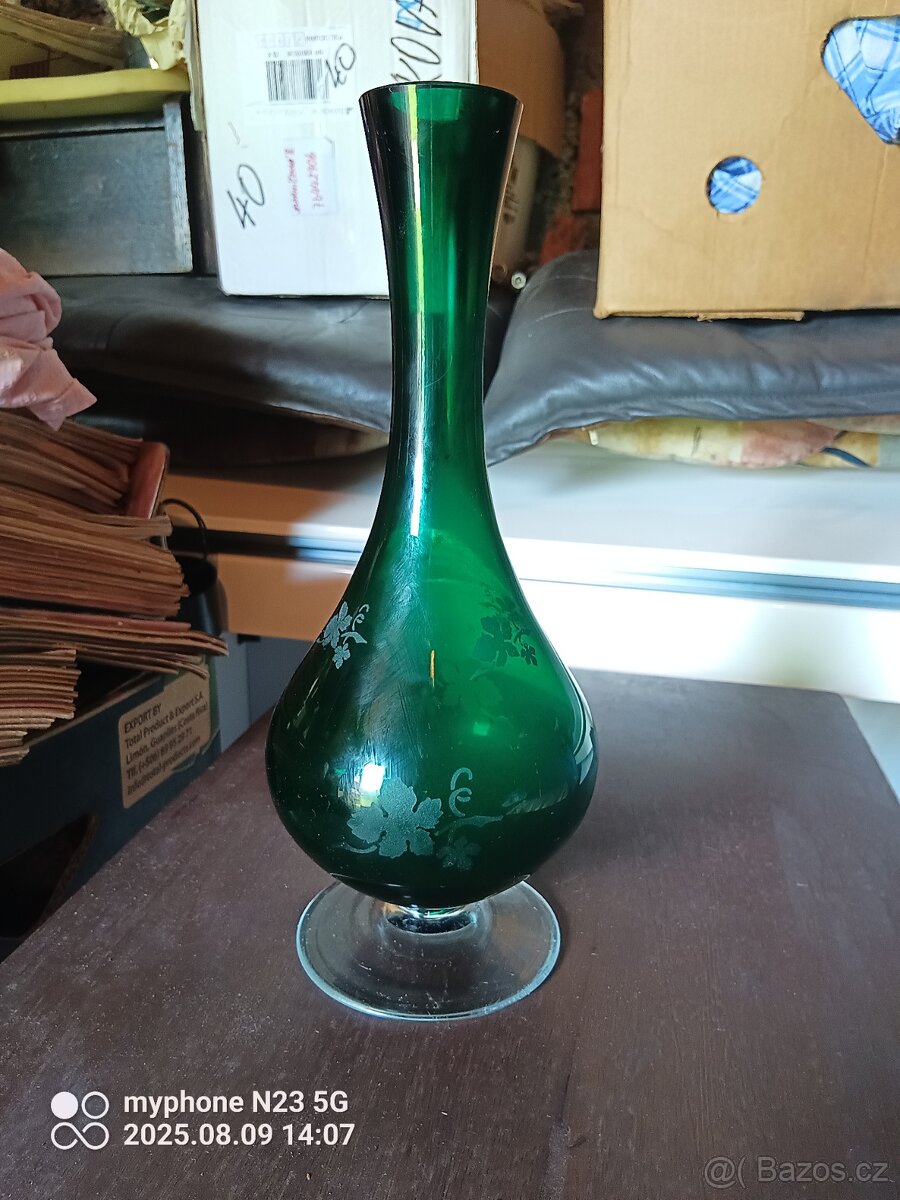 Staré barevné ambrove sklo hutní vázy mísy sklenice - 5