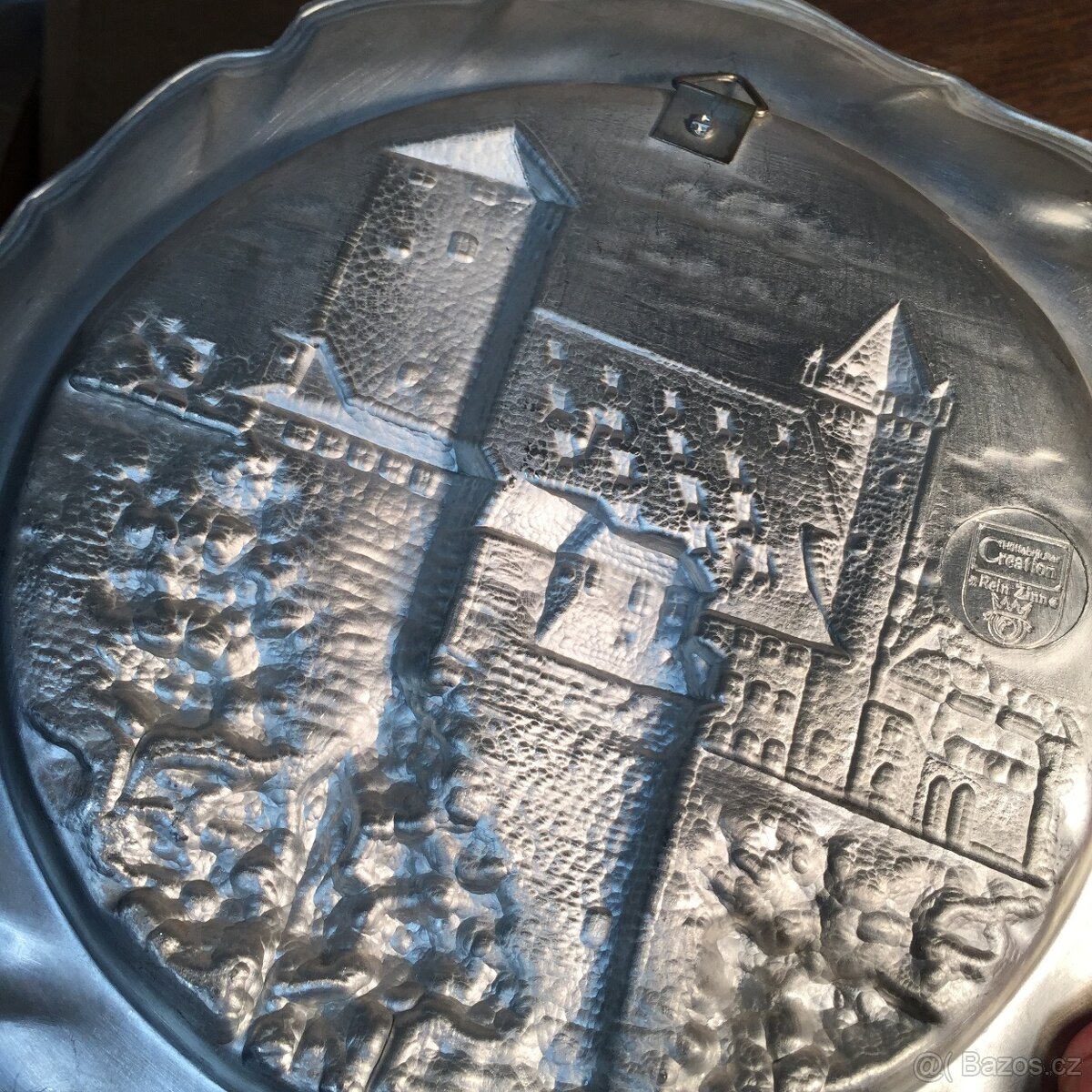 Masivní cínový talíř - hrad - čistý cín - 5