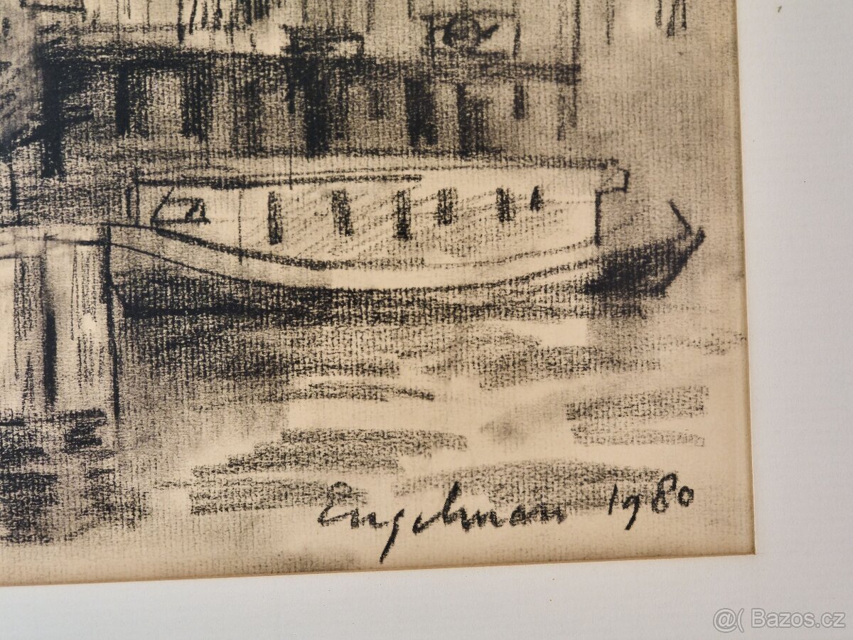 Kresba uhlem Engelman 1980, městské nábřeží, Amsterdam - 5
