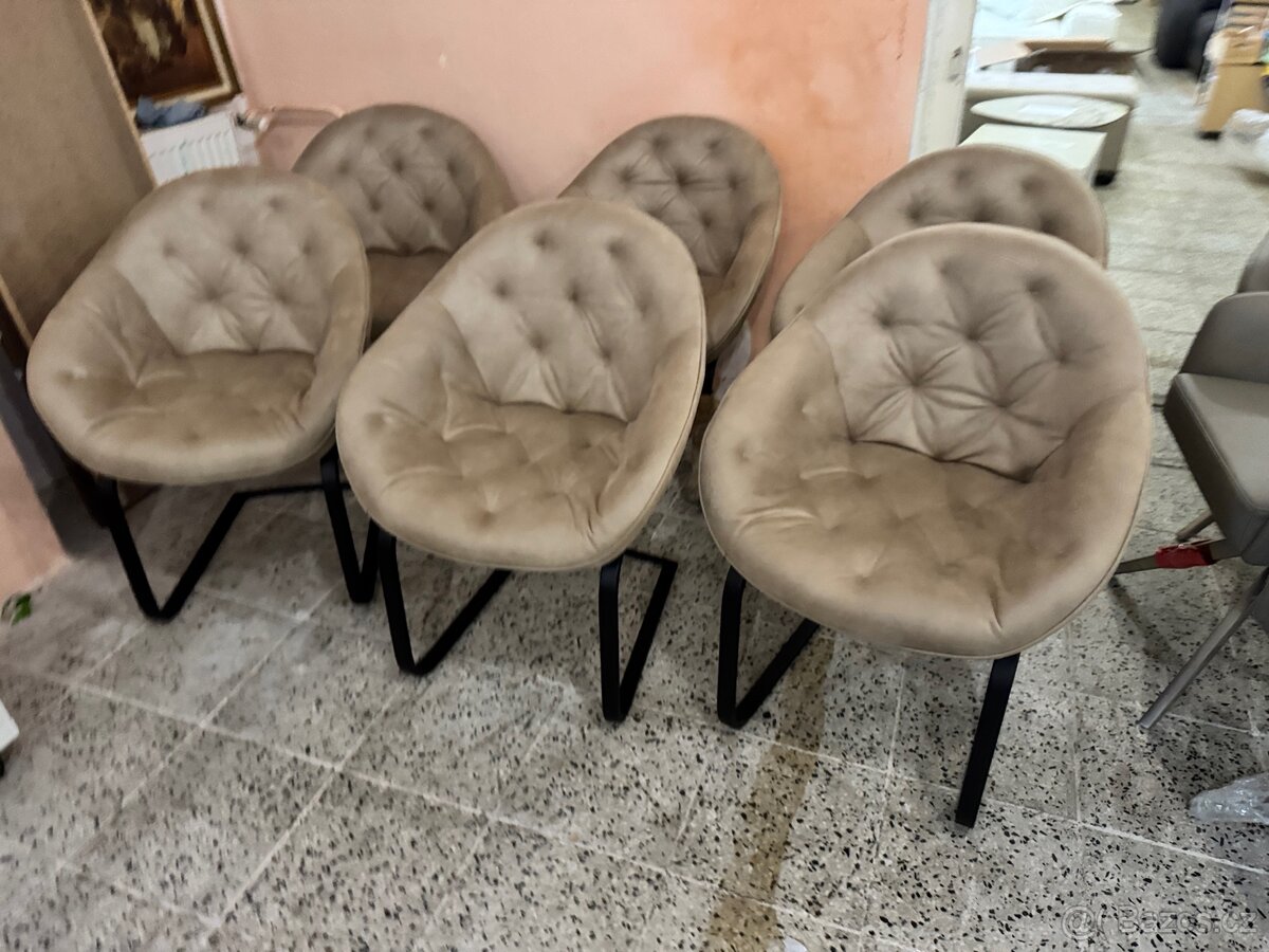 NOVÉ 6x béžové křesílka-židle vintage kov podnož - 5