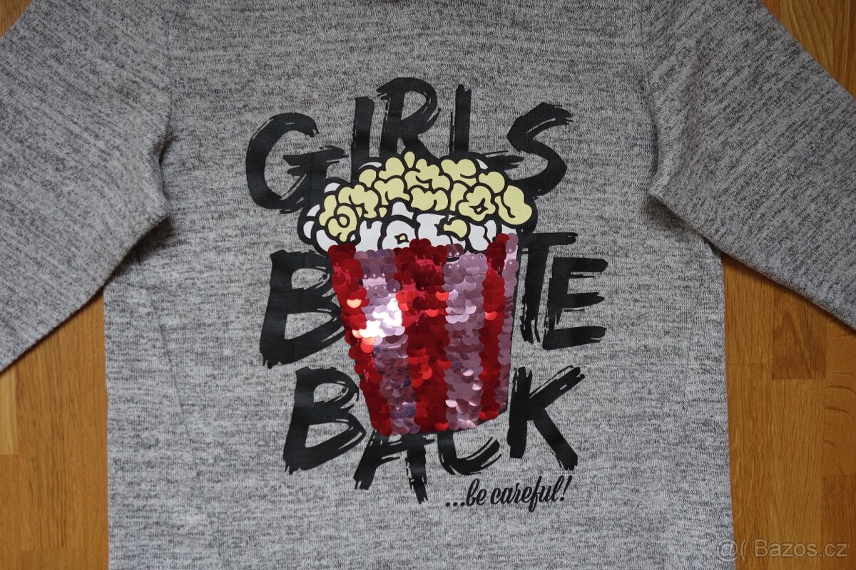 Dívčí šedá mikina s kapucí a flitry vel.146/152 - 5