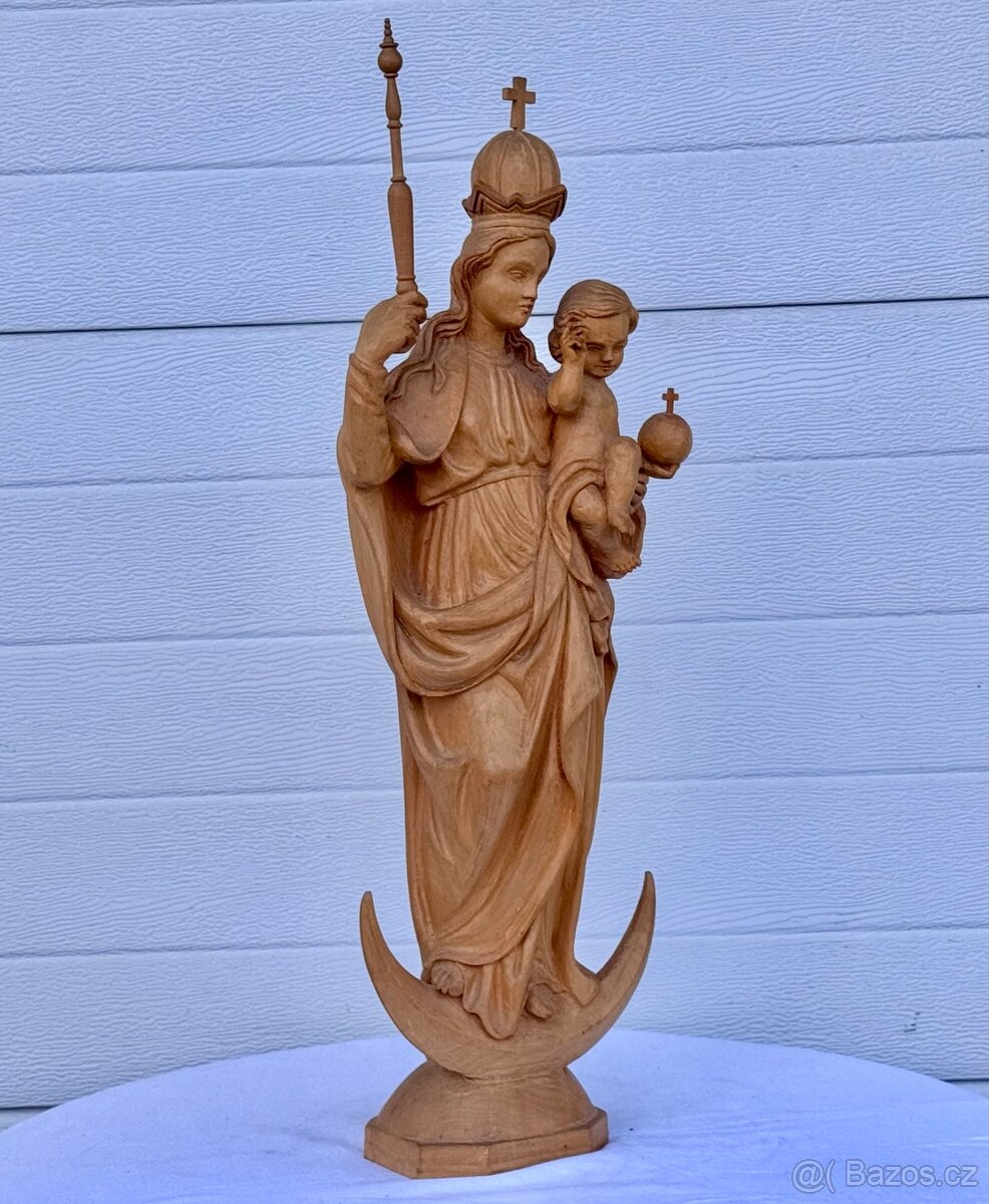 Velká dřevěná socha Panna Marie s korunkou - 5