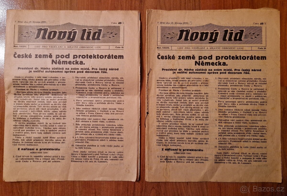 Noviny Nový lid - České země pod protektorátem 3x - 5