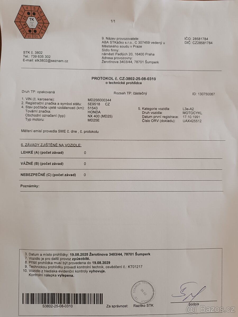 Honda NX 250 čerstvá STK