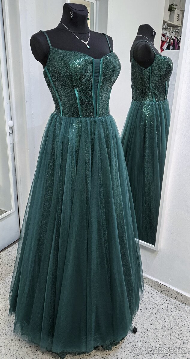 NOVÉ plesové šaty LAHVOVĚ ZELENÉ - 5