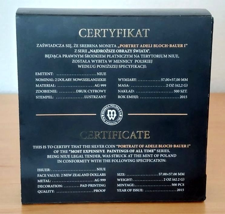 2 oz mince Portrét Adele Blochové, Gustav Klimt, 2015, PROOF - 5