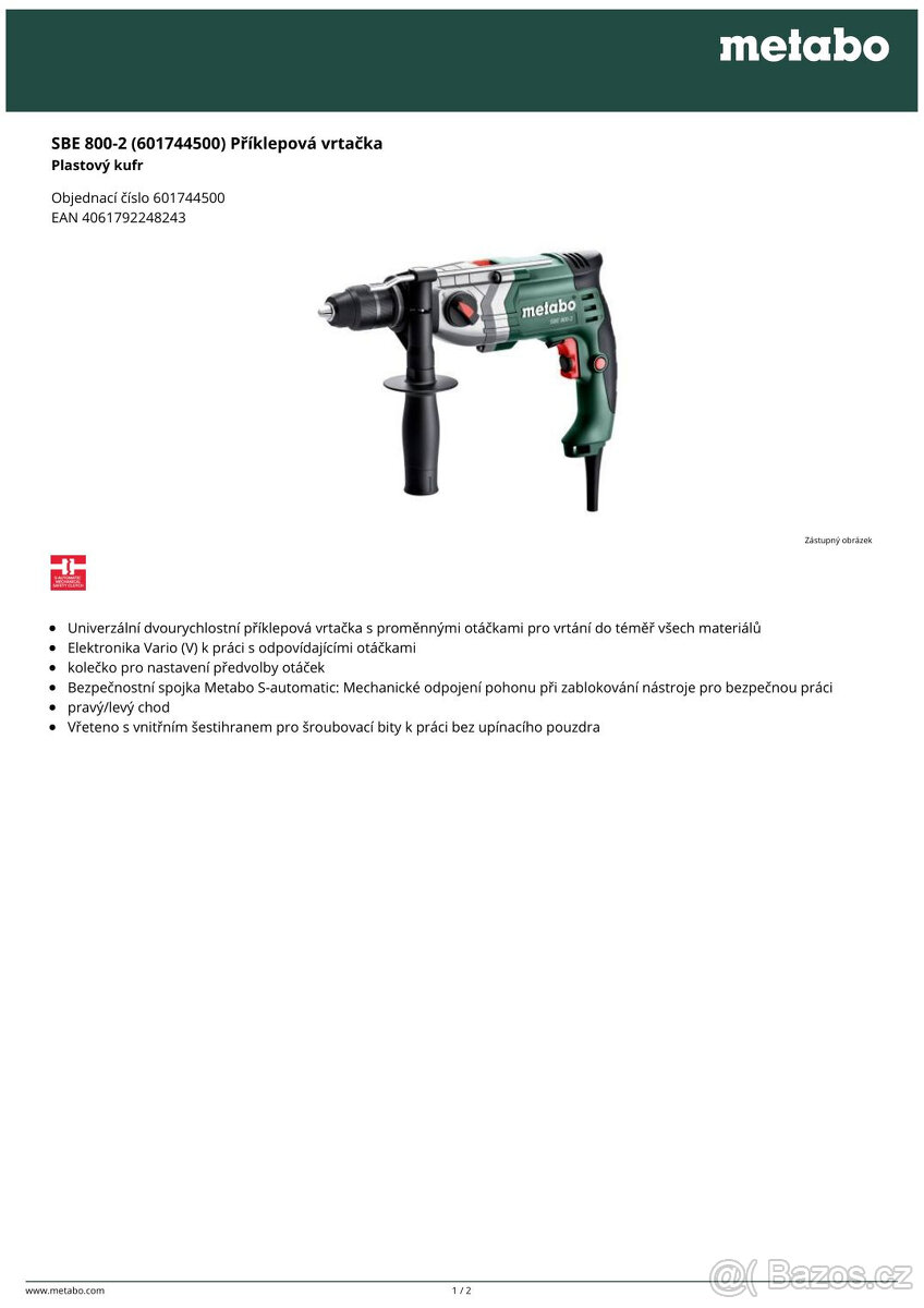 Prodám vrtačku Metabo SBE 800-2 - 5