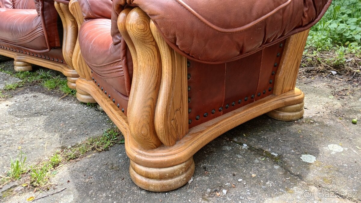 Kožená sedací souprava 3+1+1s dubovým masivním dřevem - 5