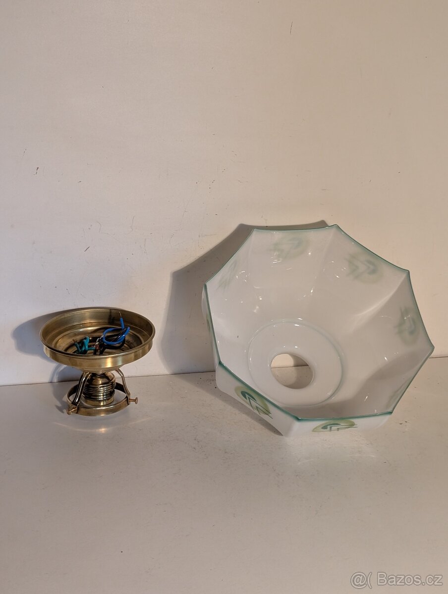 Art Deco mosazný lustr, dobové pěkné stínidlo - 5