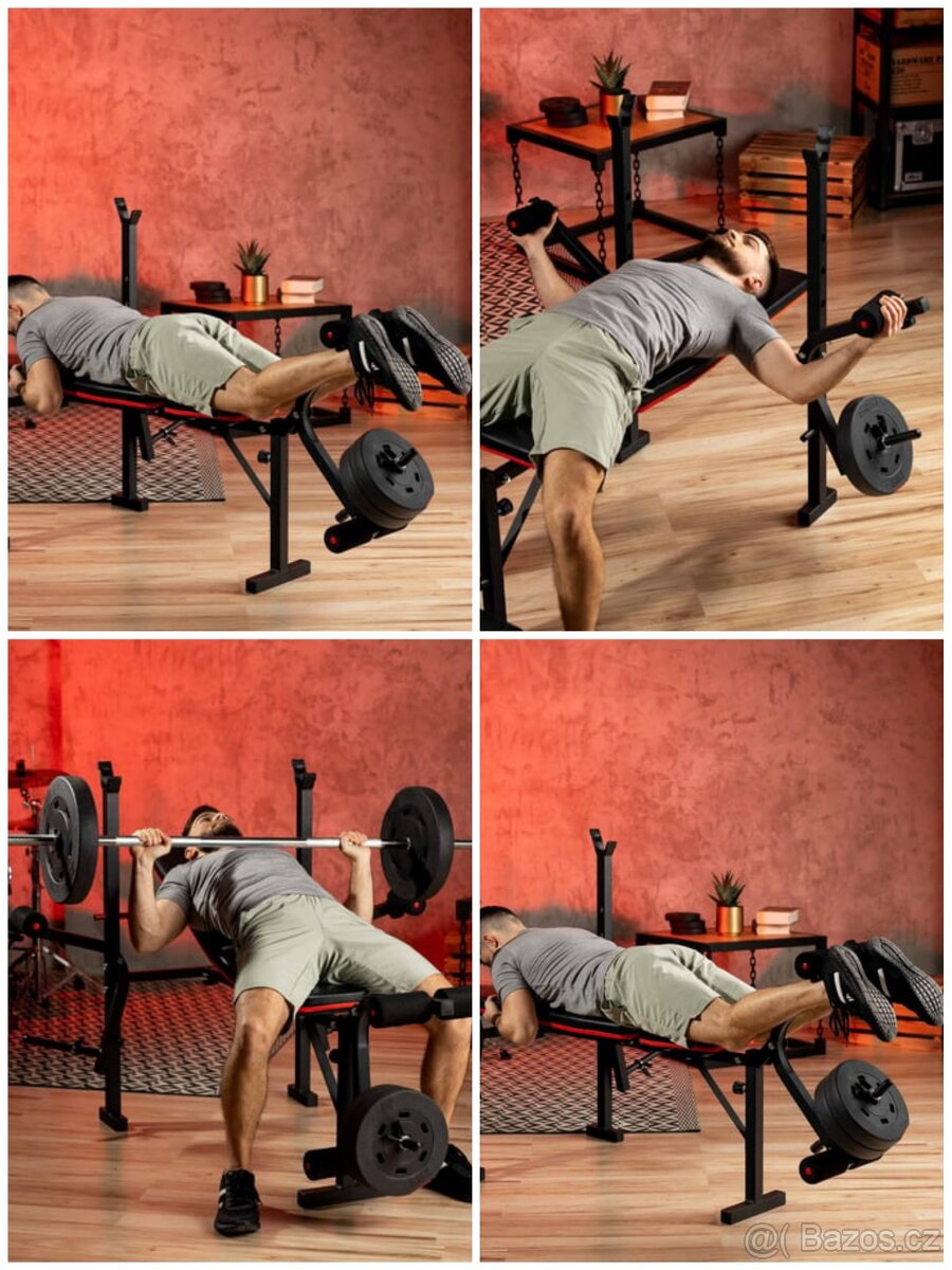 Domácí posilovna - lavice, 2x sada závaží, osa, trenažér aj - 5