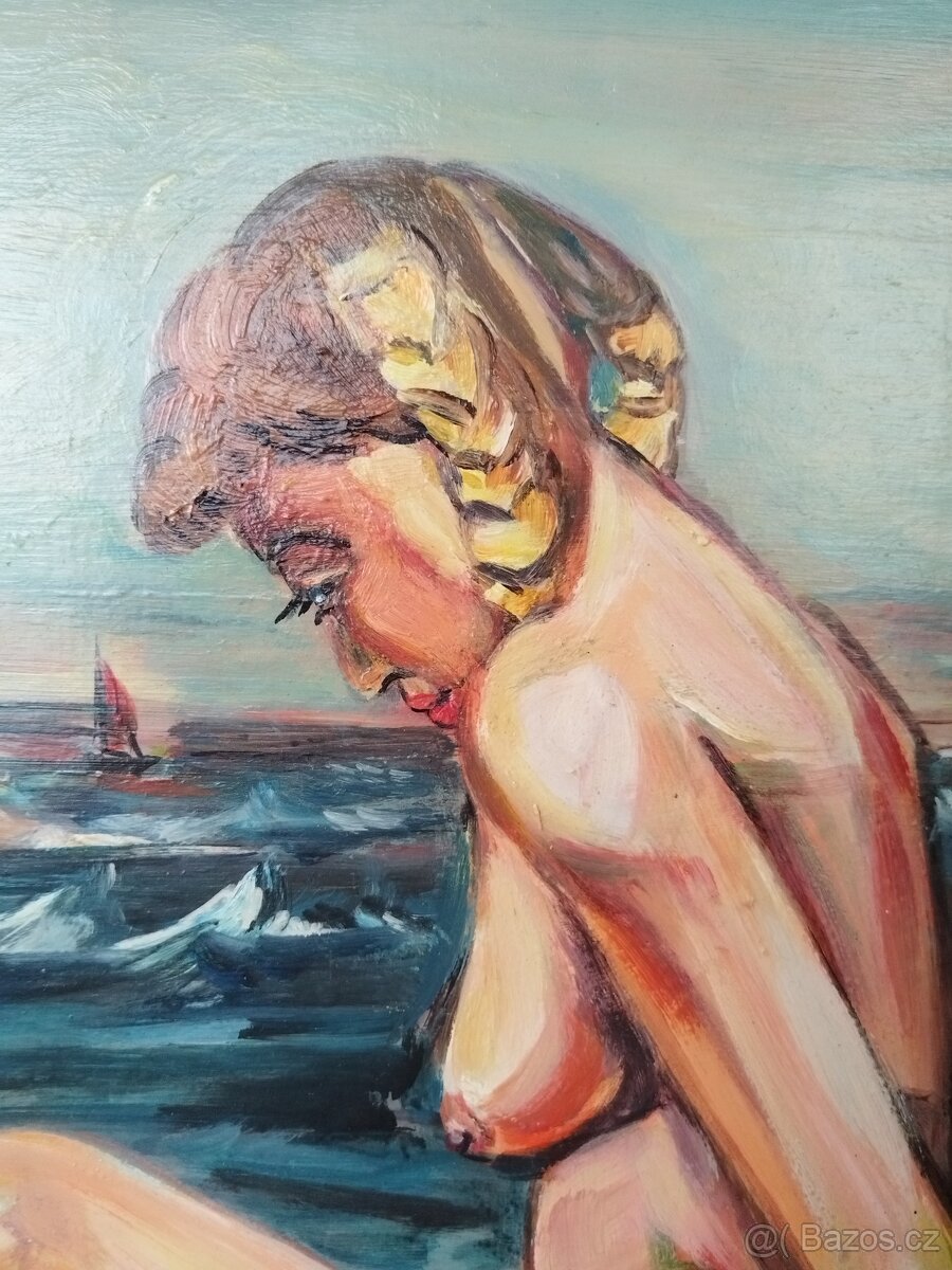 obraz - DÍVKA S COPÁNKY, akt, olej, sign. neurčena - 5