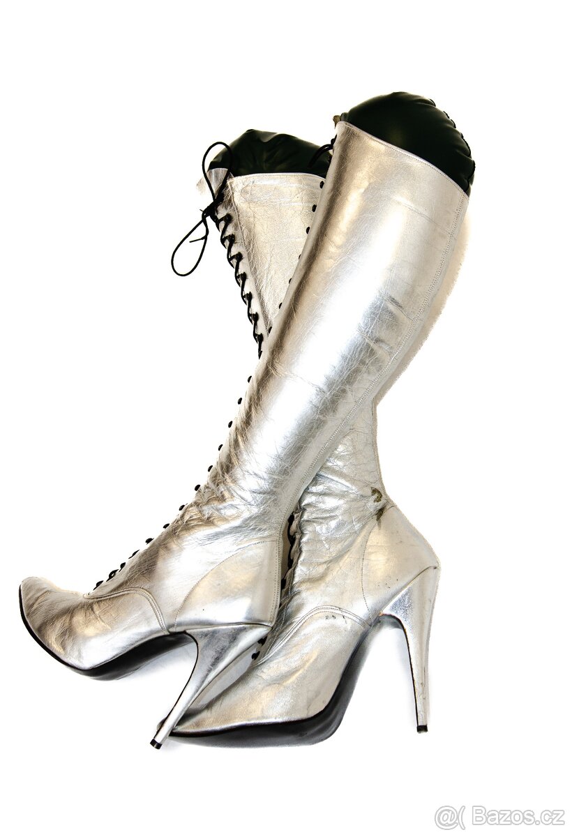 Stříbrné sexy kožené kozačky po kolena EU 41 šněrovací kůže - 5
