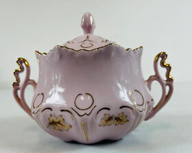 Růžový porcelán - cukřenka, nástolec, 2 šálky s podšálky - 5