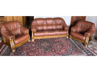 Kožená sedací souprava v kombinaci se dřevem, 3+1+1,3791 - 5