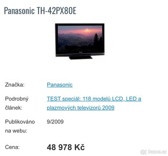Prodám Tv Panasonic TH-42PX80E úhlopříčka 106cm - 5
