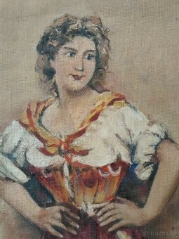 obraz PRODAVAČKA KVĚTIN, olej, sign. E. Blaces cca. 1880 - 5