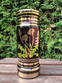 Váza, 70. léta, pozlacené fialové sklo vzor pampelišky - 5