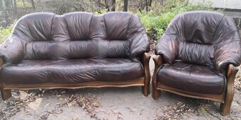 Kožená sedací souprava 3+1+1 s masivním dřevem - 5