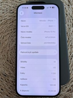 Apple iPhone 15 Pro 128gb + kryty a sklo - TOP stav - 5