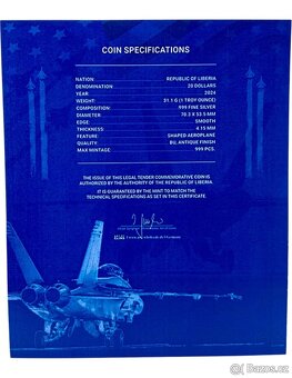 Stříbrná mince FIGHTER JET, 1 oz, 20 $, Libérie 2024 - 5
