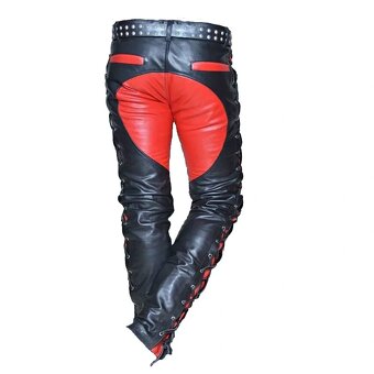 Moto Kožene Nohavice Šnurovacie Modre-Červene - 5